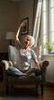 © El_design - Senior woman practicing yoga at home in sunlit room for relaxation and wellness