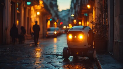 Aufkleber - A small robotic delivery vehicle moves along a cobblestone street, illuminated by warm streetlights, as pedestrians stroll by in the evening twilight.