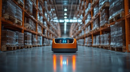 Poster - A sleek automated robot navigates through a wide warehouse aisle lined with wooden pallets, optimizing transportation and logistics for distribution and fulfillment.