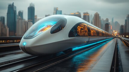 Fototapete - A sleek, futuristic train is positioned on elevated tracks amidst a bustling city skyline, showcasing advancements in logistics, mobility, and autonomous transportation technologies.