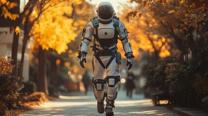 Poster - A humanoid robot in a white suit walks through a tree lined street with autumn foliage, showcasing advancements in automated transportation and logistics in a serene urban environment.