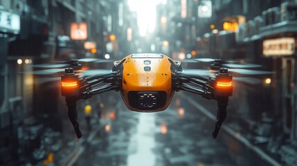 Aufkleber - A drone hovers above a wet urban street, demonstrating advanced technology in logistics and delivery services while highlighting the future of autonomous transportation.