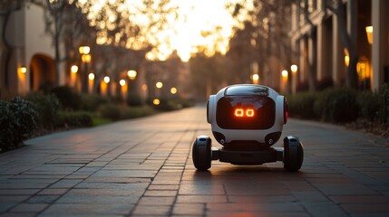 Aufkleber - A delivery robot travels along a pathway in a suburban area at sunset, showcasing advancements in autonomous transport solutions and last mile logistics.