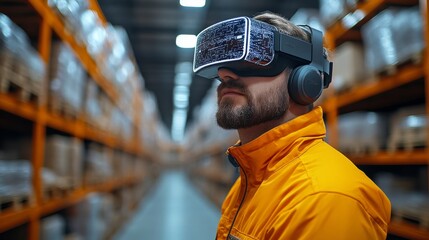 Leinwandbilder - A person wearing virtual reality equipment explores logistics solutions in a warehouse, surrounded by shelves filled with pallets of goods.