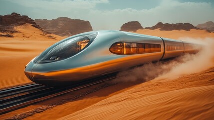Fototapete - Cutting edge train accelerates across sandy terrain, demonstrating innovative automation and smart infrastructure in desert mobility.