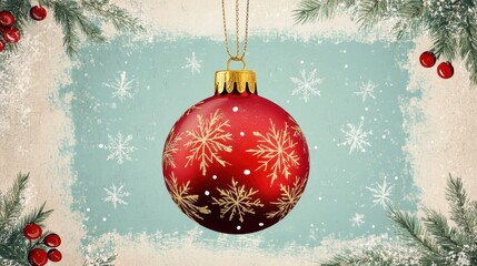 Wall Mural - vintage red christmas ornament with holly snowflakes merry christmas holiday decoration illustration