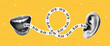 © Roman - Halftone collage banner with female mouth speaks into ear and strip with text - blah blah. Halftone poster with collage elements. Concept of gossip, secret and communication. Vector.