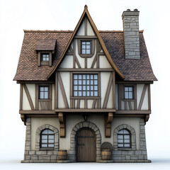 Poster - Medieval tudor style house with wooden barrels displaying traditional architecture