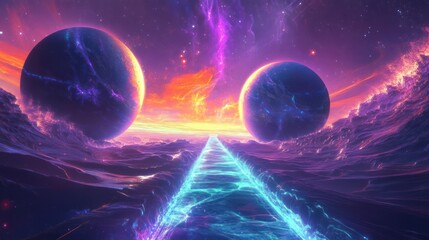 Wall Mural - Two Planets Floating Beside A Bright Path Across Cosmic Waters