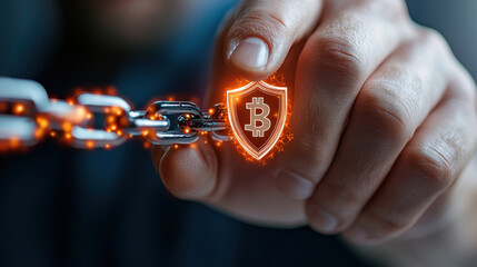 Poster - hand holding glowing blockchain chain link with shield icon featuring cryptocurrency symbol, representing security and innovation in digital currency technology