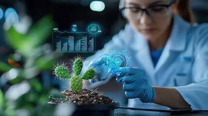 Aufkleber - scientist in lab coat and gloves examines cactus plant with digital interface displaying data, highlighting technology in botanical research