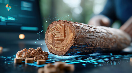 Aufkleber - cross section of cassava root reveals intricate circuit patterns, symbolizing fusion of nature and technology. digital interface in background enhances this futuristic concept