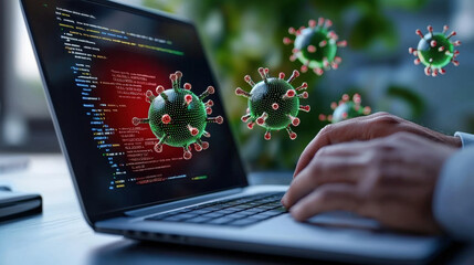 Aufkleber - laptop screen displays code with red alert, symbolizing cyber threat, as digital virus icons float around. person hands are typing, indicating cybersecurity breach