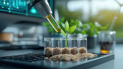 Poster - laboratory setting features test tubes filled with rice and growing plant, symbolizing agricultural research. pipette adds liquid, highlighting scientific innovation and sustainability