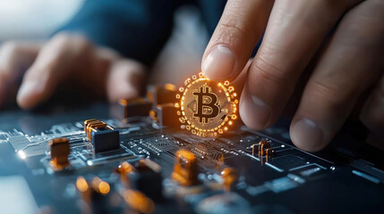 Fototapete - hand holding glowing Bitcoin symbol over circuit board, representing concept of cryptocurrency and blockchain technology in digital financial context