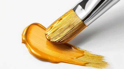 Fototapete - single gold paintbrush stroke on white background creates striking contrast, highlighting vibrant color and texture of paint. metallic sheen adds touch of elegance
