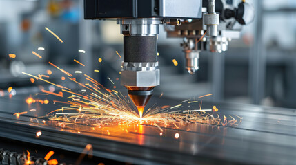 Leinwandbilder - high precision CNC laser cutting machine emits bright sparks as it cuts through metal, showcasing advanced technology in modern industrial setting