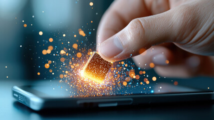 Poster - hand holding glowing digital chip above smartphone, symbolizing futuristic data breach concept with sparks and particles. scene conveys innovation and technology