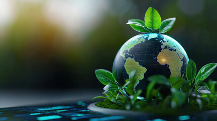 Aufkleber - digital Earth model with green leaves symbolizes environmental conservation and sustainability. globe is surrounded by lush foliage, highlighting importance of nature and technology