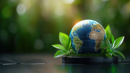 Poster - small globe rests on black surface surrounded by green leaves, symbolizing environmental conservation and global awareness. background is softly blurred, enhancing focus on Earth