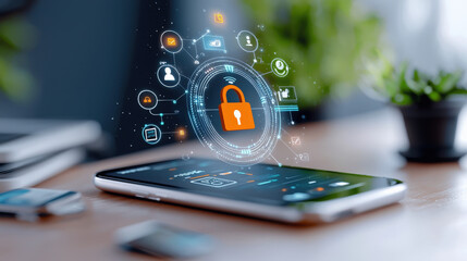 Poster - smartphone displays digital lock icon, symbolizing secure online transactions and data protection. futuristic interface includes floating icons representing encryption and connectivity