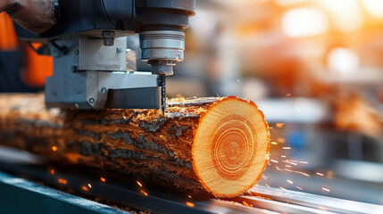 Poster - high tech wood processing machine cuts through log with precision, emitting sparks in modern industrial setting. scene captures efficiency and innovation in woodworking technology