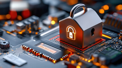 Aufkleber - glowing lock symbol sits atop circuit board, representing cybersecurity and data protection in digital environment. image conveys sense of security and technological advancement