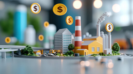 Aufkleber - playful 3D model of economic development features factories, highways, and floating dollar signs, symbolizing growth and prosperity. scene is vibrant and dynamic