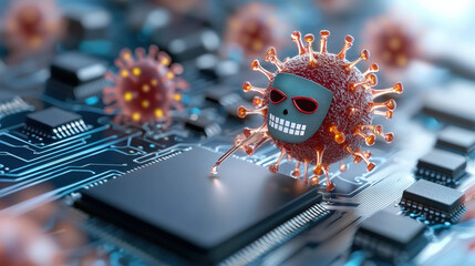 Poster - playful 3D virus entity with bandit mask is injecting code into computer chip, symbolizing cyber threat. scene is vibrant and imaginative, highlighting digital security concerns