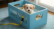 © HIJRAH - Adorable puppy in blue pet carrier crate with bright yellow leash detail