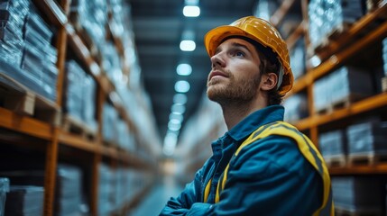Leinwandbilder - A logistics professional in a hard hat analyzes warehouse processes amidst organized shelves. The focus is on automation and efficiency in distribution and mobility solutions.