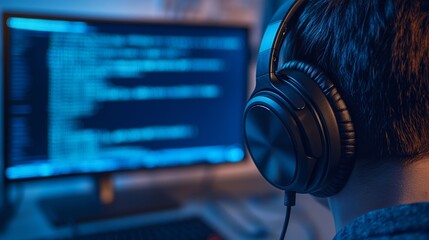 Intense programmer immersing in code, headphones on, focused on the screen