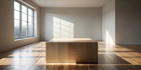 Leinwandbilder - A Minimalist Interior Featuring a Light Wood Block in a Sunlit Room with Hardwood Floors