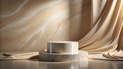 Fototapete - Elegant Two-Tiered Marble Display Platform with Draped Fabric Backdrop for Product Presentation and Luxury Branding