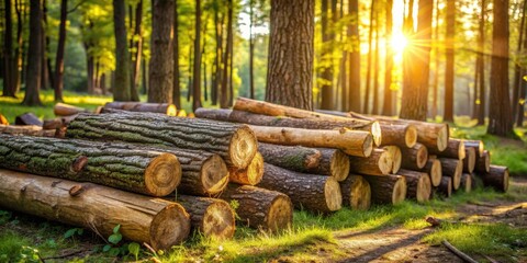 Aufkleber - Golden Hour Lumber Pile in a Verdant Forest