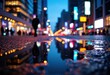 © starush - City street at dusk reflecting colorful lights in puddles