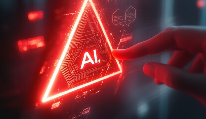 finger touching red ai circuitry triangle display, glowing futuristic interface