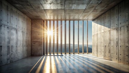 Aufkleber - Sunlit Concrete Room with a View of Distant Hills Through Vertical Slats