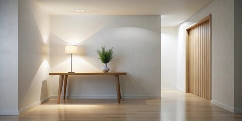 Aufkleber - Serene Minimalist Interior A Light-Filled Hallway with Simple Wooden Console Table, Table Lamp, and Greenery