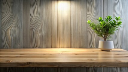 Poster - Warm-lit Wooden Tabletop Display with Potted Plant Against a Textured Wooden Wall