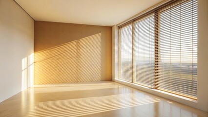 Fototapete - Sunlit Empty Room with Wooden Blinds Casting Shadows on Walls and Floor