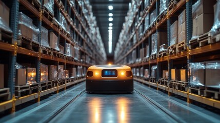 Leinwandbilder - A mobile robot navigates through a vast warehouse, transporting packages along well organized aisles, showcasing the future of logistics and automated fulfillment operations.