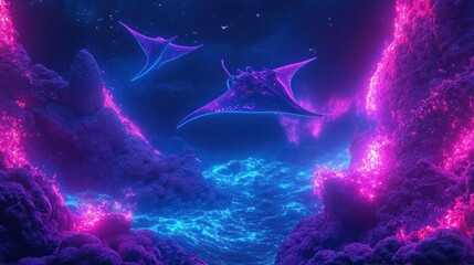 Wall Mural - Glowing manta rays swim over vibrant ocean and illuminated clouds