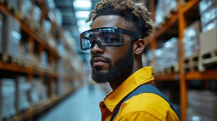 Leinwandbilder - Focus on a warehouse worker equipped with high tech safety goggles in a busy logistics center, highlighting the importance of automation and safety in distribution operations.