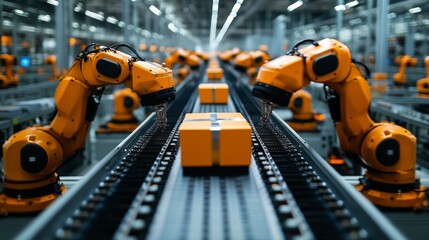 Leinwandbilder - Robotic arms are actively engaged in sorting and processing, packages on a conveyor belt in a logistics center designed for high speed automation and efficiency.