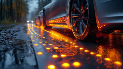 Aufkleber - Advanced smart road infrastructure features illuminated pathways on a rainy day, enhancing visibility and safety for autonomous and connected vehicles navigating through wet conditions.