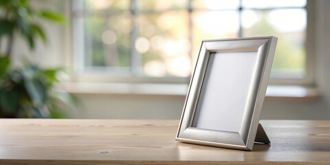Leinwandbilder - Empty silver frame on a wooden surface near a window with blurry background