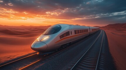 Leinwandbilder - A futuristic smart train glides along tracks in a desert at sunset, demonstrating advanced logistics and transportation technology highlighting the future of mobility and automation.