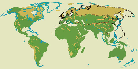 Fototapete - Colorful vector illustration of a world map showing continents, oceans, and geographical features in a unique artistic style for educational and creative purposes