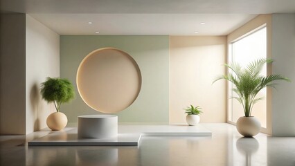 Aufkleber - Serene Minimalist Interior Design Featuring a Cylindrical Display Stand and Lush Potted Plants in a Soft Color Palette